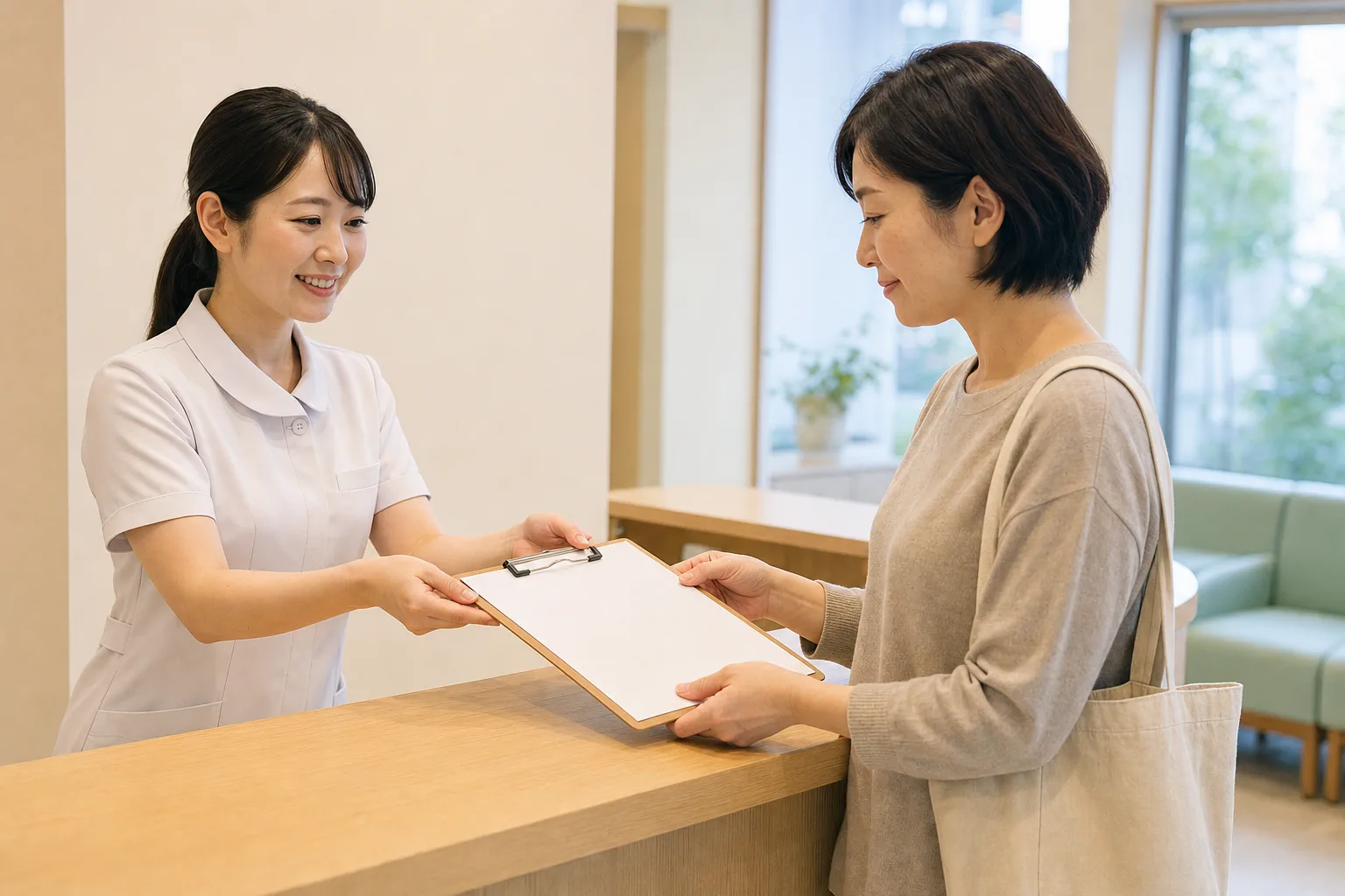 受付スタッフが初診の来院者へ問診票を渡すイメージ
