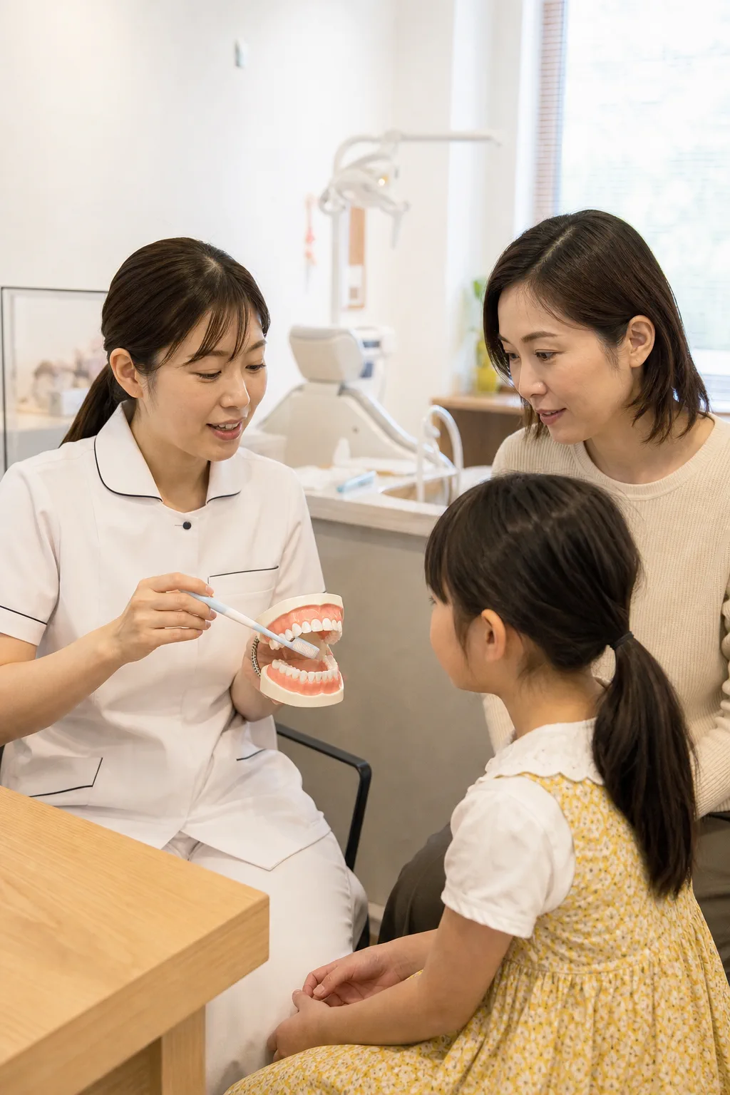 歯科衛生士が親子へ予防歯科を説明するカウンセリングイメージ