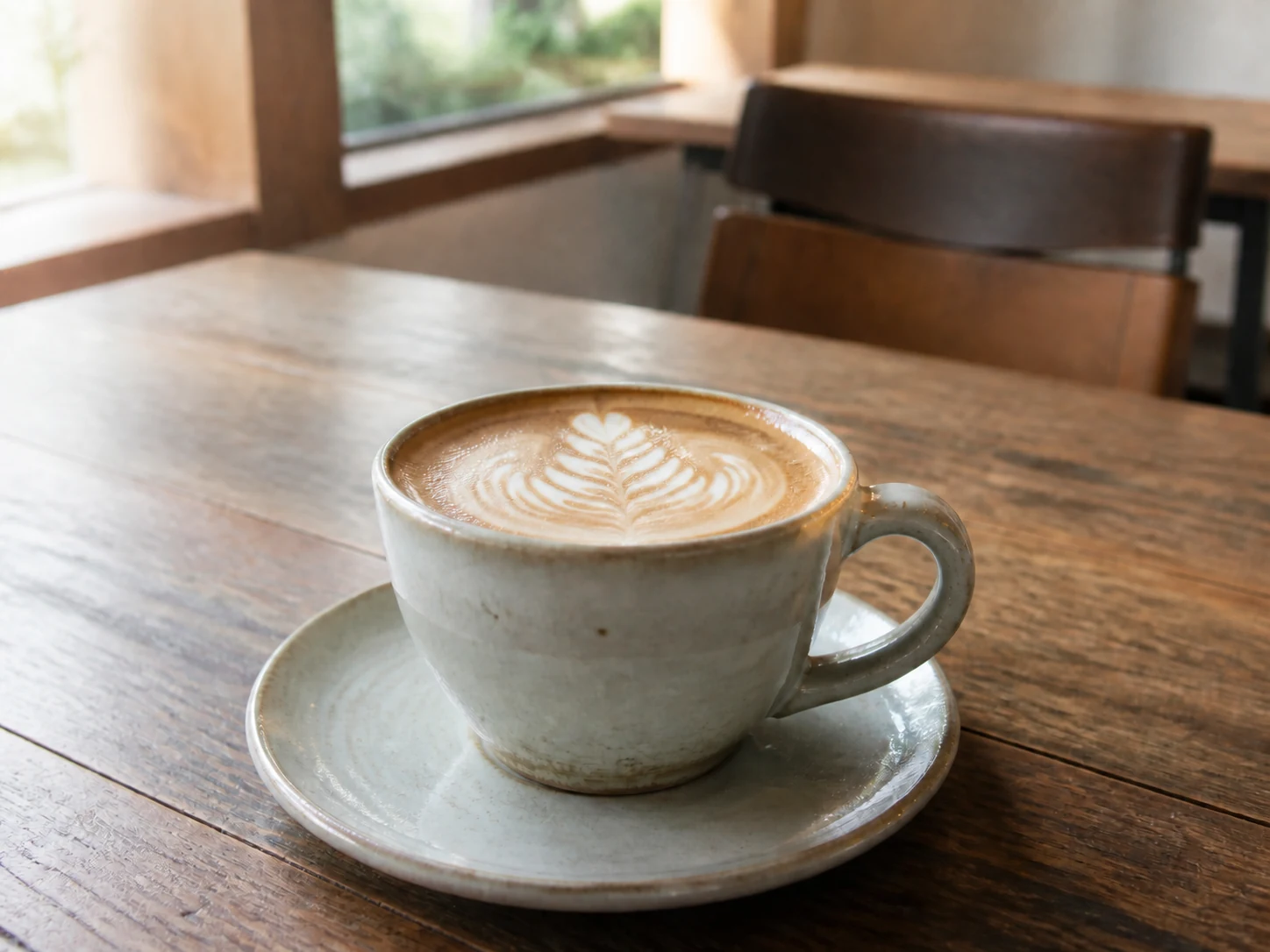 カフェの陶器カップに入ったカフェラテのイメージ