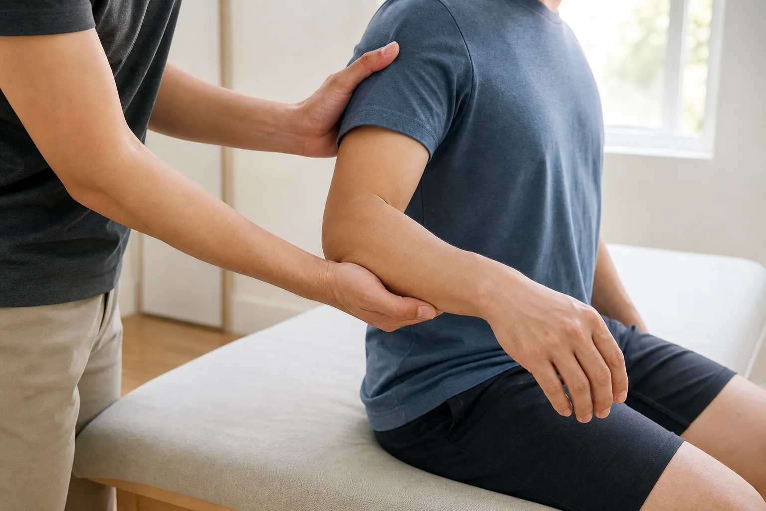施術者が肩と腕のストレッチを補助するイメージ