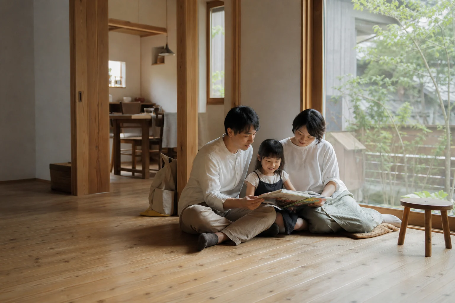 家族が自然素材の住まいで過ごすイメージ