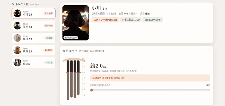 お客さまカルテと根元の伸びの画面イメージ