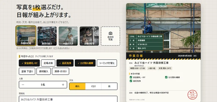 写真1枚で組み上がる現場日報の画面イメージ
