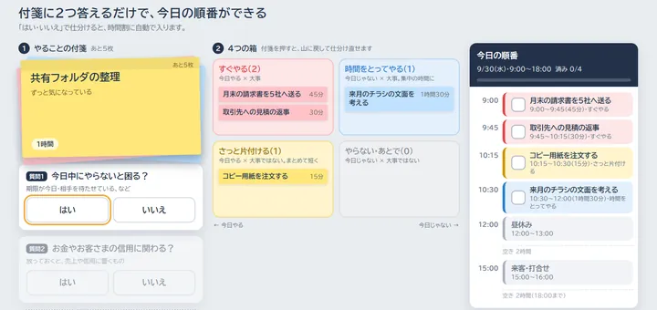 付箋を仕分けて今日の時間割ができる画面イメージ